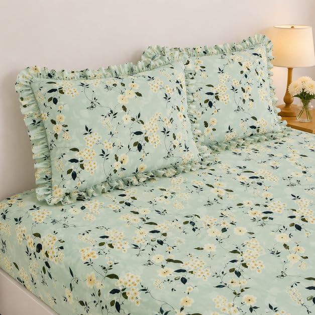 Image of 380 TC Premium Glace Cotton Elastic Fitted Bedsheet King Size with 2 Pillow Covers King Size | Double Bed with All Around Elastic (Green, Fitted - 72 inchx78 inch King)