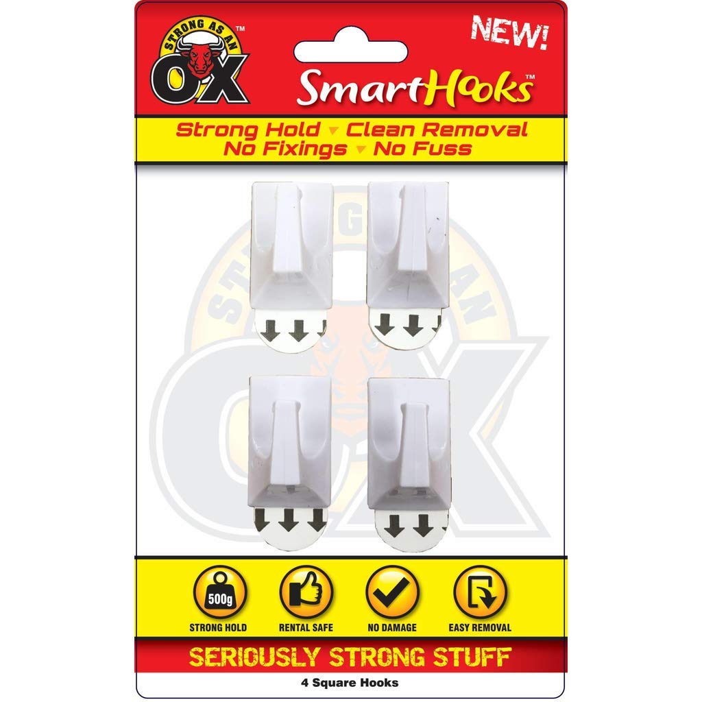 Rapide Strong As An Ox Self Adhesive Damage Free White Square Hooks