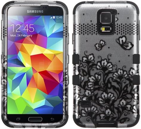 Galaxy S5 Case, Rock Me Wireless (TM) 3 items Bundle - Screen Protector, 24K Gold Plating Sticker and Triple Layers Protective Case for Samsung Galaxy S5. (Black Lace Flowers (2D))