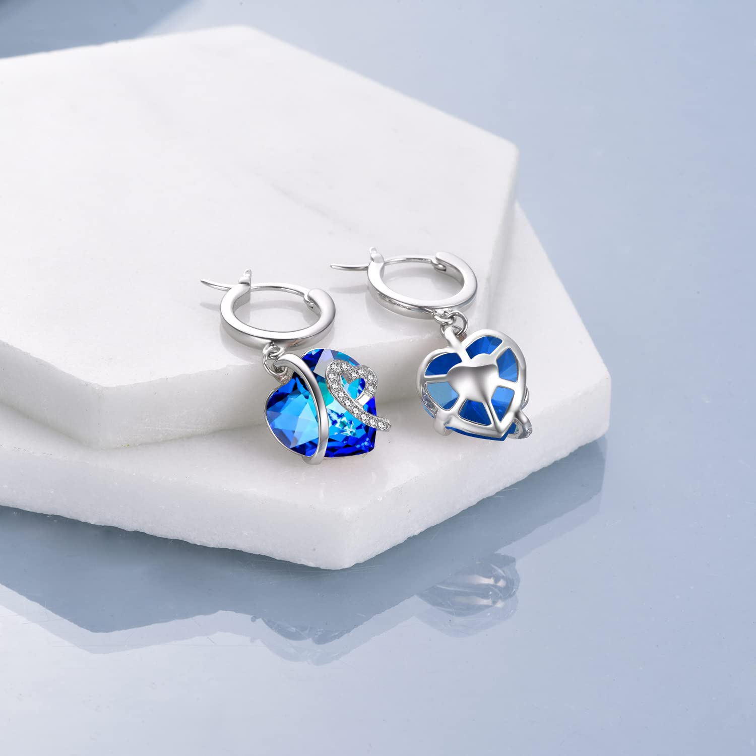 AOBOCO Herz Ohrringe Damen, 925 Sterling Silber Creolen baumeln mit Blau Kristallen, Geburtstag Geschenke für Frau Mutter