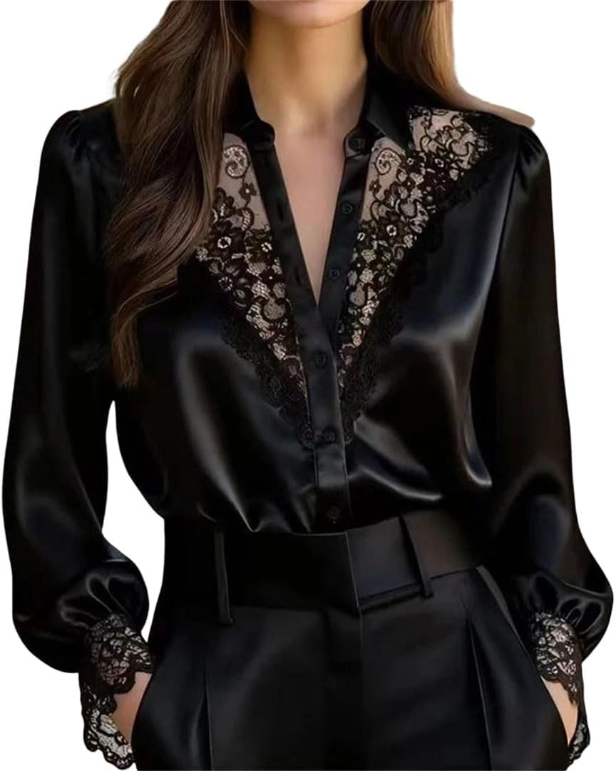 Women Spring Long Sleeve Turn Down Collar Button Mesh See Through Sleeve Shirt 06 M