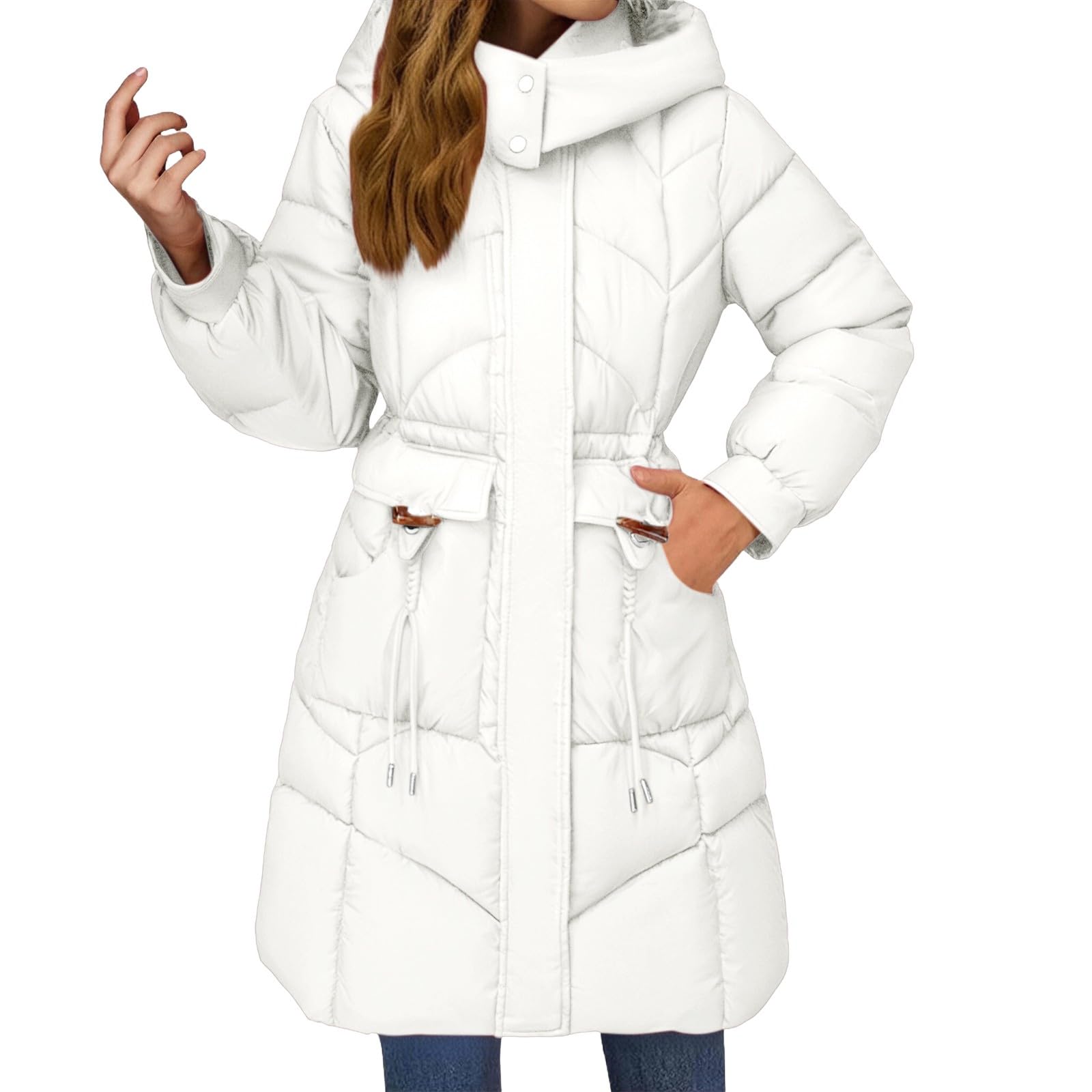 Piumino da donna invernale lungo – caldo cappotto trapuntato con cappuccio cappotto invernale ispessito, piumino antivento, parka invernale a maniche lunghe, per esterni