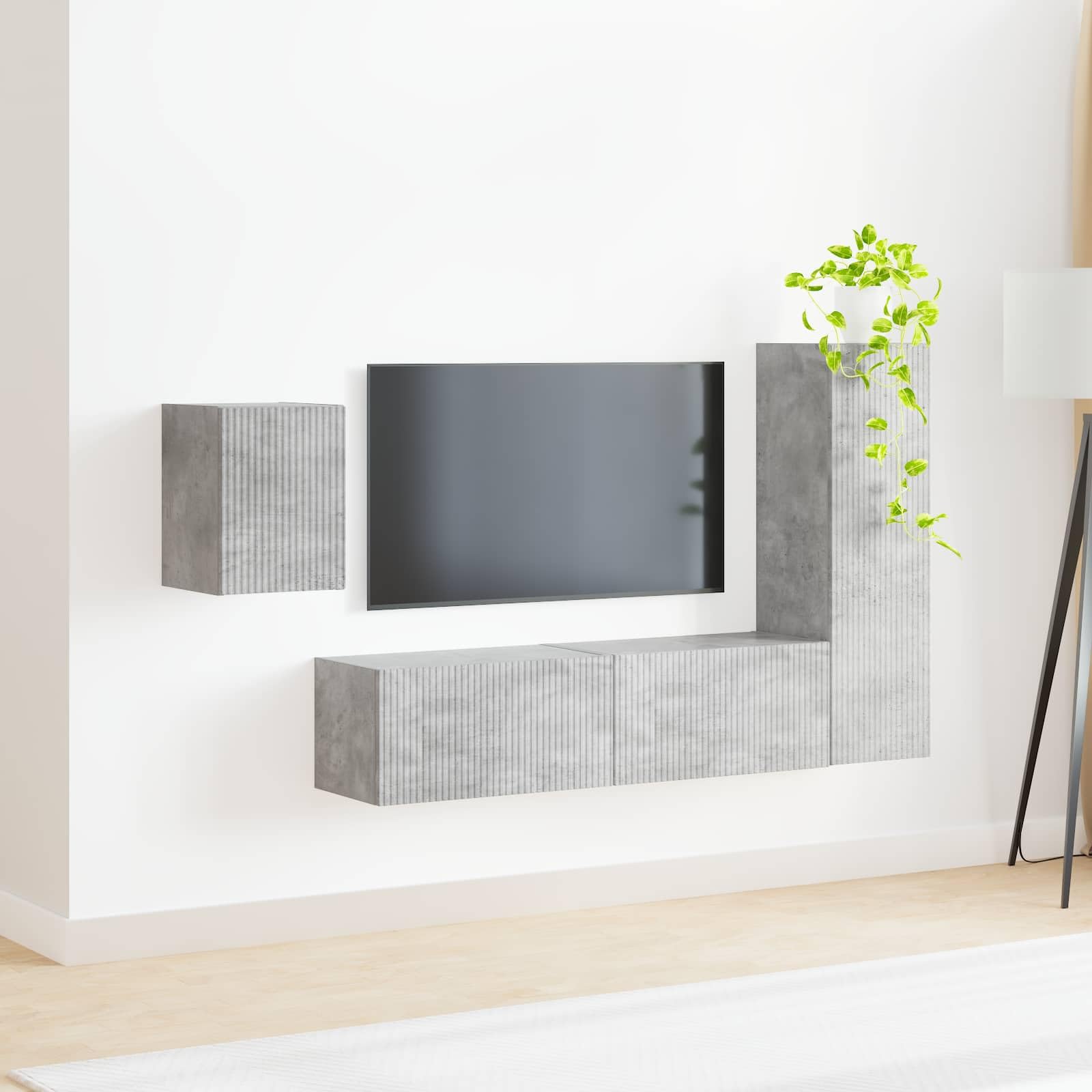 TV-Schrankset Wandmontiert, 4-teilig, Beton Grau Holzwerkstoff, Modernes Media Center für Wohnzimmer, Platzsparendes Design