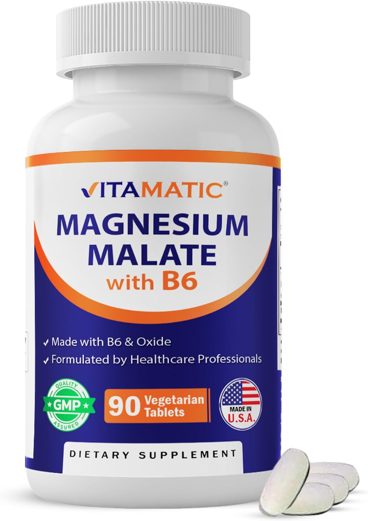 Vitamatic Magnesium Malate 2000mg per Serving - 90 Vegetarian Tablets - Added B6 for Maximum Absorption - Supports Muscle, Joint, and Heart Health* (1 Bottle, Unflavored)