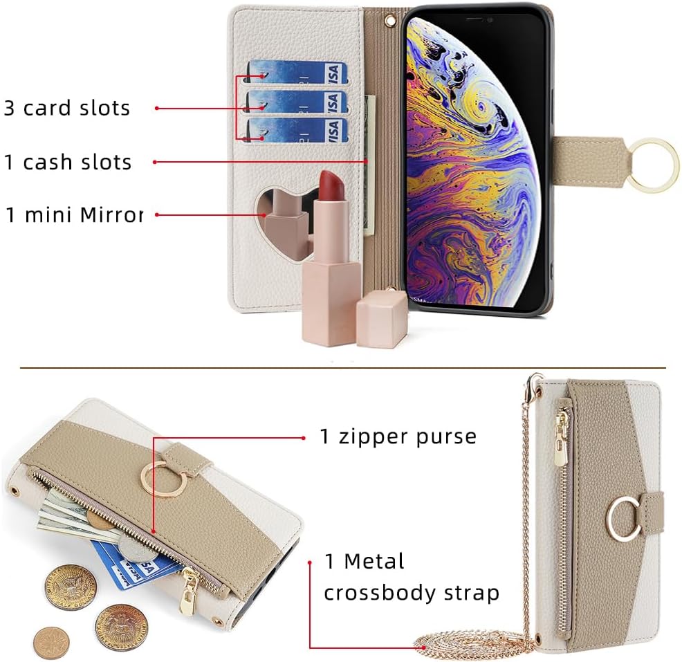 Asuwish Phone Case for iPhone Xs Max Wallet Cover with Screen Protector and Mirror Flip Cover Ring Card Holder Crossbody Strap Cell i X XR Xsmax 10x SX Xmax 10xs 10s 10 Plus Xmaxs Women Girls White