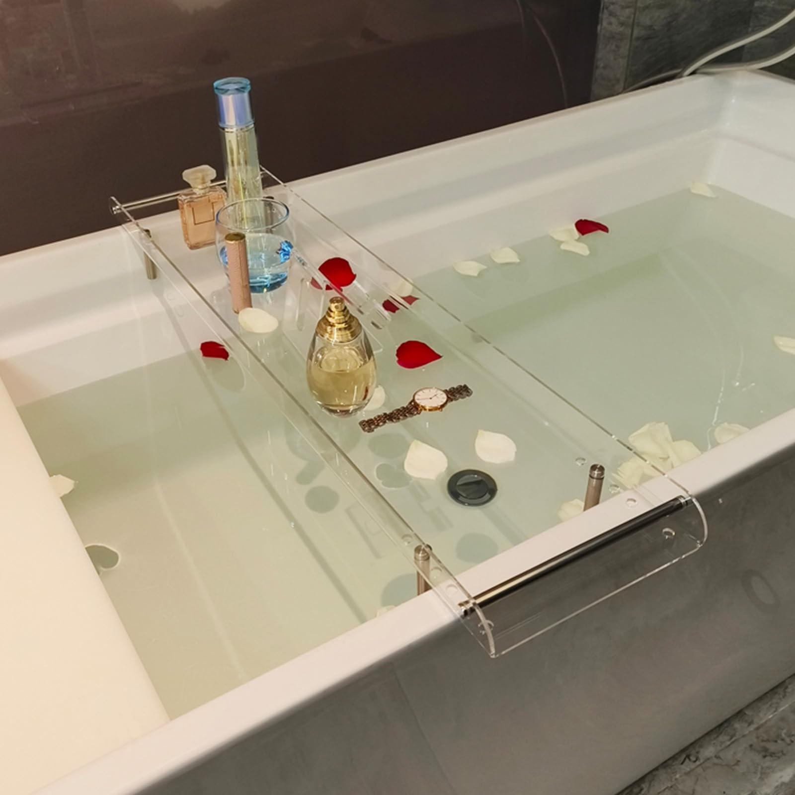 Badewannentabletts, verstellbares Badewannentablett aus Acryl, Badewannenablage, Badewannenablage, Ablage für die Badewanne, Badezimmer-Organizer, transparente Parfümablage, Arbeitsplatte, t