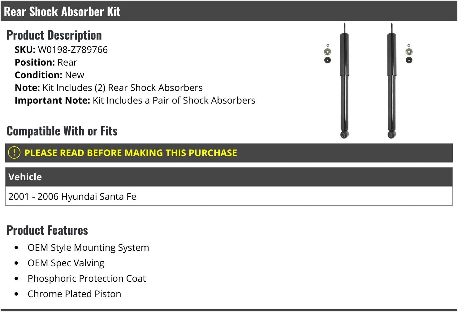 Rear Shock Absorber 2 Piece Kit - Compatible with 2001-2006 Hyundai Santa Fe