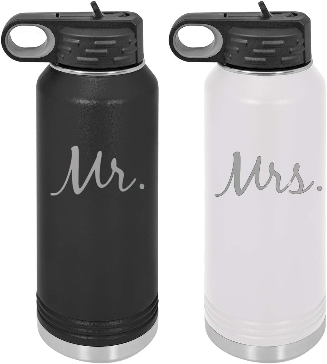 Mr and Mrs - 32-Ounce Engraved Double Wall Insulated Stainless Steel Sports Matching Water Bottles with Flip Top Lid, Straw