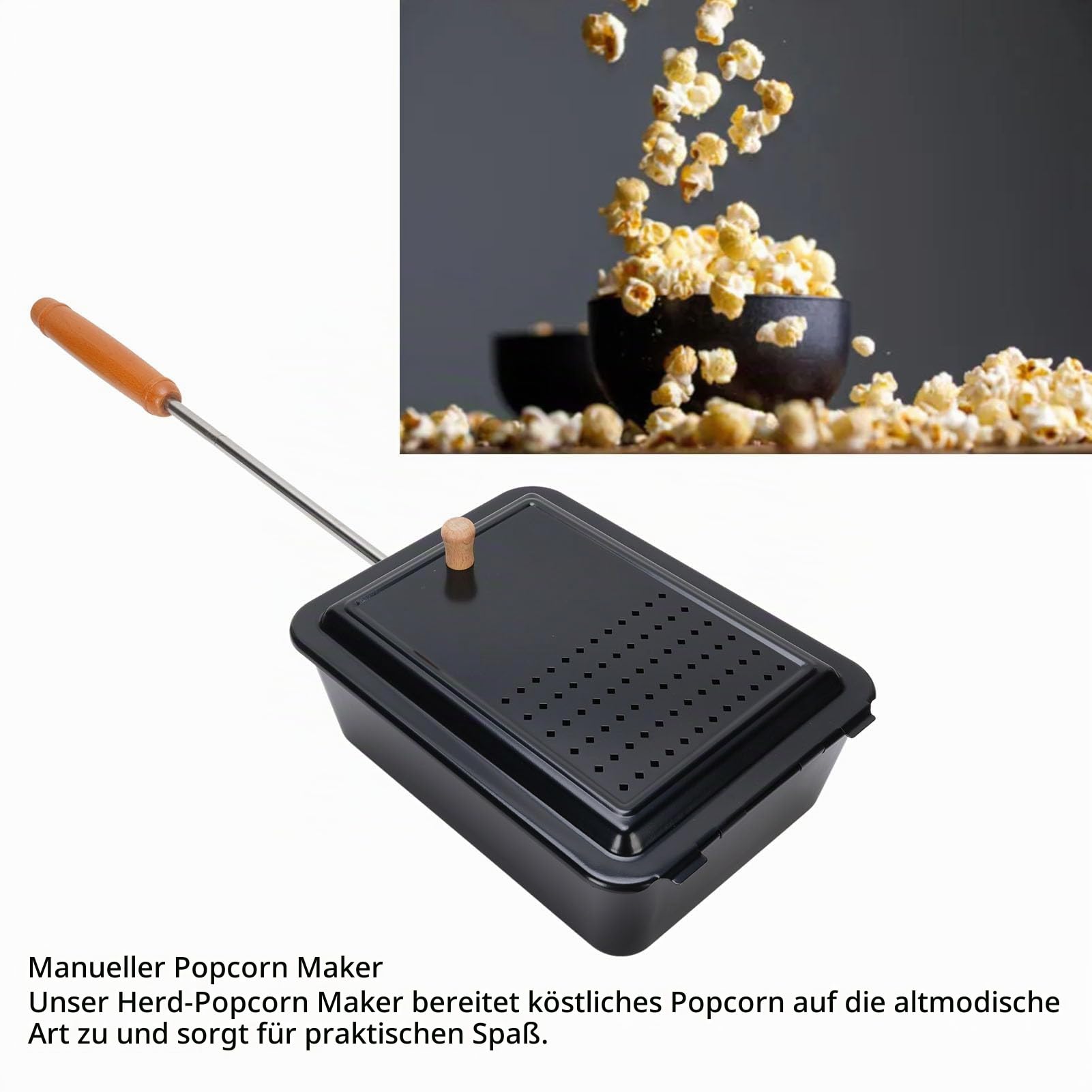 Handwerkspopcorn Grillschale aus Gusseisen mit Holzgriff – Manuelle Popcornpfanne für Herd & Grill, gleichmäßige Wärmeverteilung, ideal zum Selbermachen von Popcorn