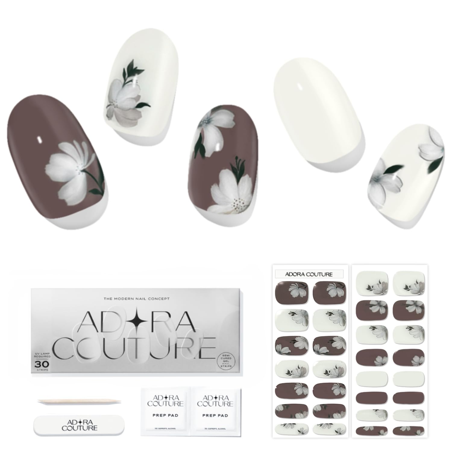 Adora Couture Semi Cured Gel Nail Strips with 30 Pieces - Salon Quality Manicure Kit for Women Easy Application Wraps Includes Prep Pads Nail File