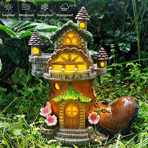 Forup 10 Inch Fairy House Garden Statues With Boots, Fairy Garden Decor House Kit, Solar Powered Lights Garden Figurine For Outdoor Patio Lawn Yard Garden Decorations #TOP4