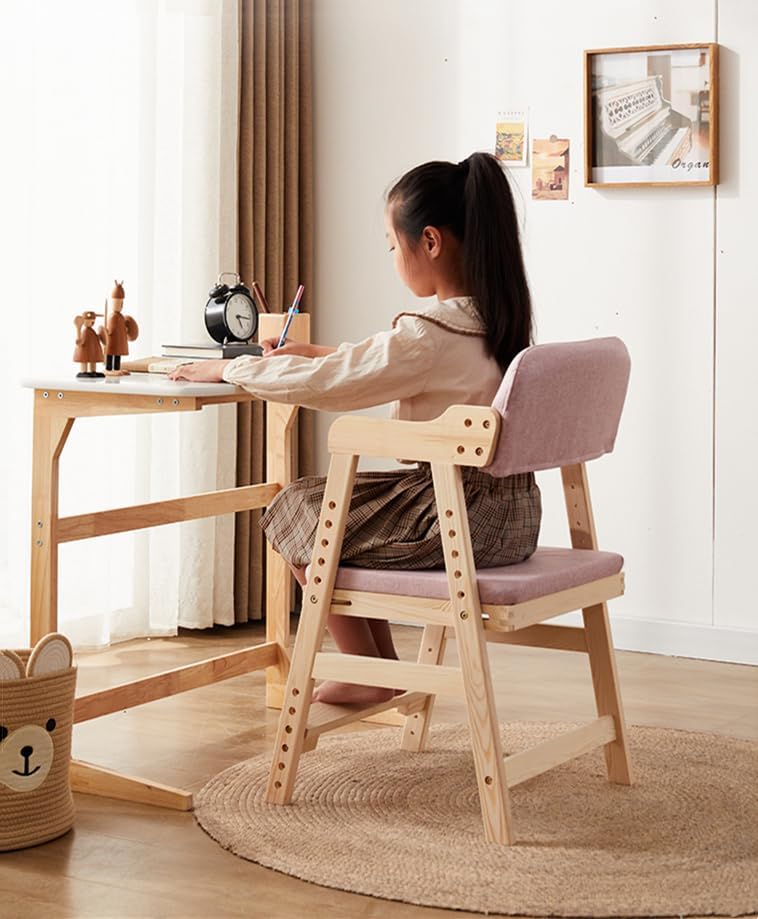 AKEMI LIVING キッズチェア 学習椅子 デスクチェア 木製 子供用 座面6段階 足置き5段階 成長に合わせて高さ調整 背もたれ クッション付き ピンク