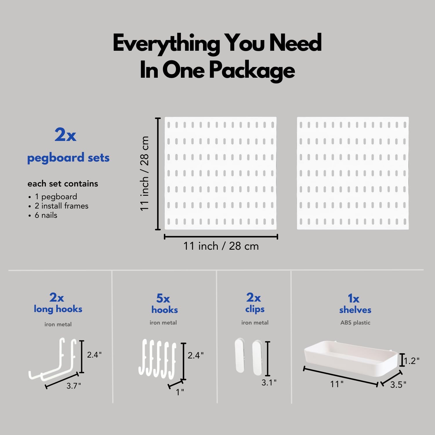 Pegboard Combination Kit with Modular Accessories, Wall Organizer for Gaming Setup, Crafts, and Ornament Display, Peg Board for Bedroom, Office, Home (White, 22″×11″)