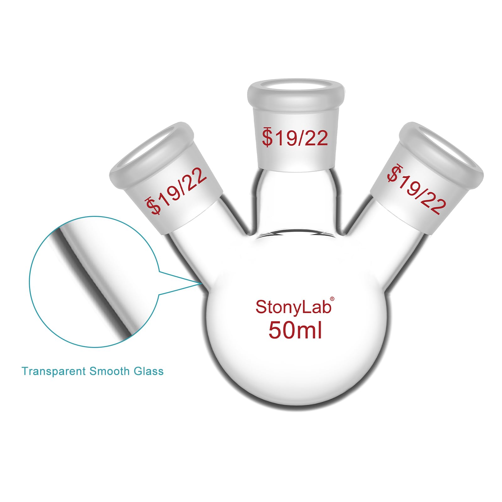 StonyLab 3-Cuello Matraz Redondo en borosilicato vidrio, con 19/22 Conjunta Externa Cónica Estándar de Centro/Lado, 3 Neck Round Bottom Flask (50 ml)