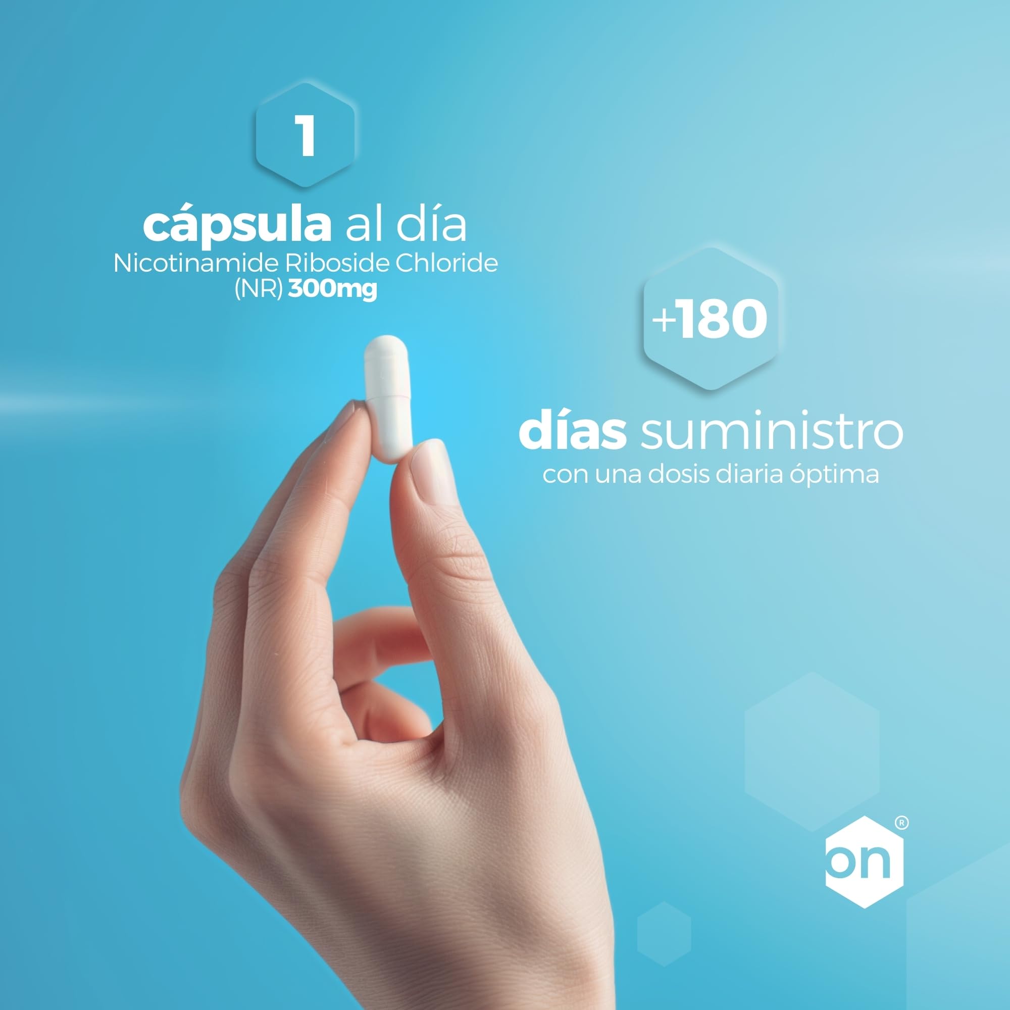 NAD+ Nicotinamide Riboside Chloride 300mg - +6 Meses de Cura - Contra la Edad y la Fatiga, NAD Booster - Polvo Puro, 180 Cápsulas - Grado Farmacéutico - Vegano - Hexagon