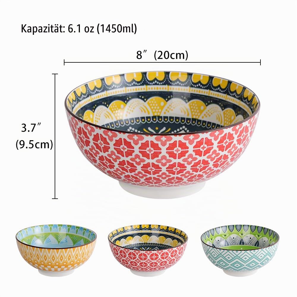 Salatschüssel Ramen Schüssel Suppenschalen Porzellan 1.45 Liter - Schalen Set Groß für Salat | Suppe | Pasta - 3er Bunte Servierschalen Set 20cm - Mikrowellen und Spülmaschinenfest