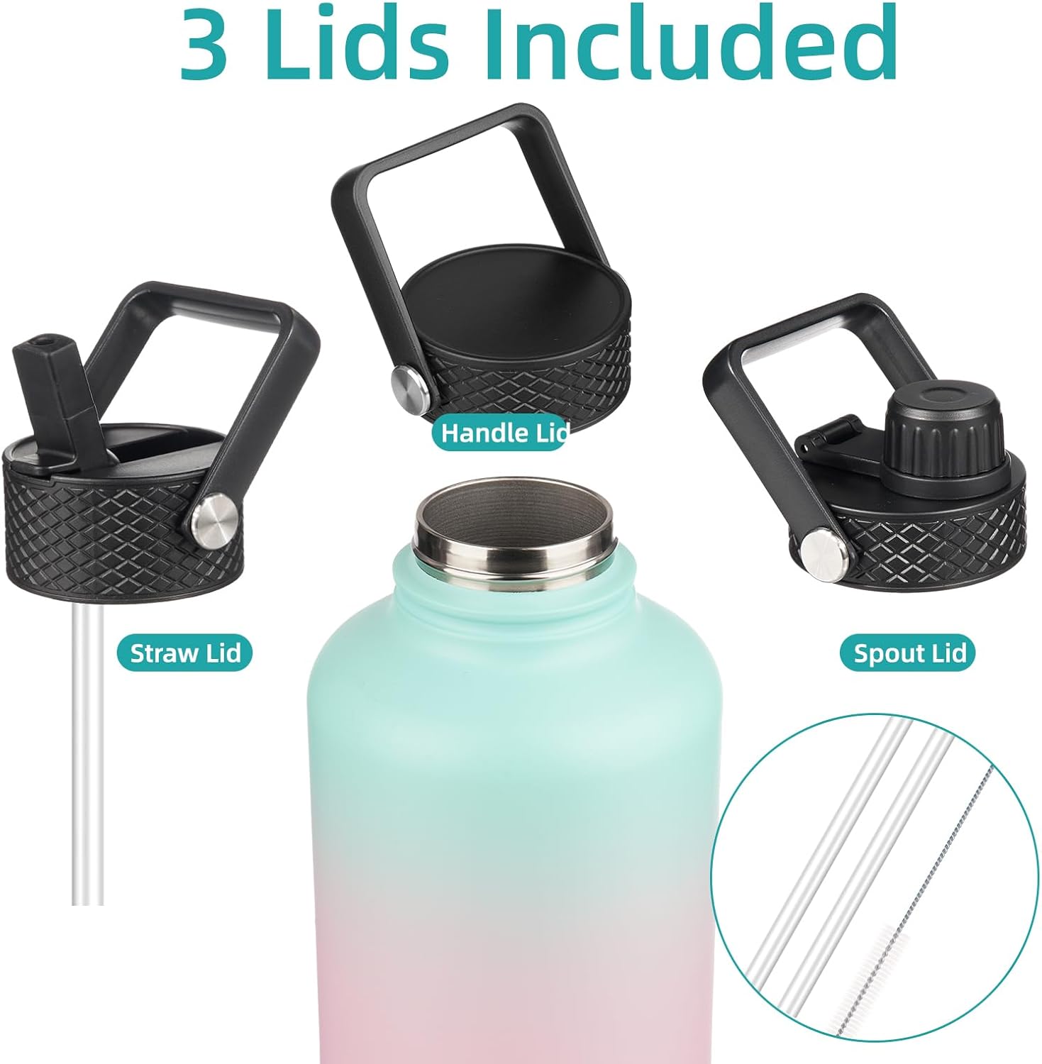 Konokyo Insulated Water Bottle with Straw,50 oz 3 Lids Water Jug with Carrying Bag,Paracord Handle,Double Wall Vacuum Stainless Steel Metal Flask,Gum