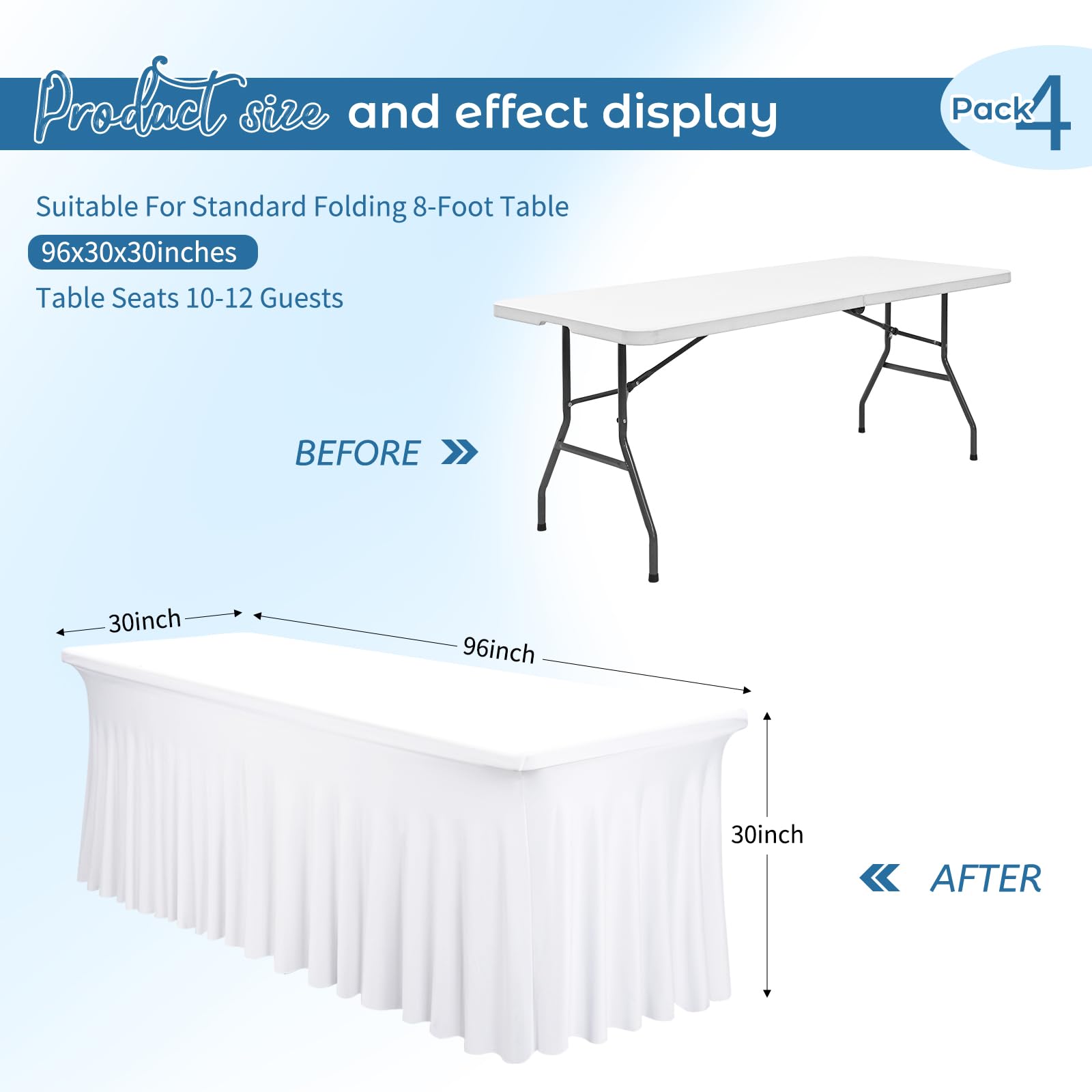 4 stuks Spandex tafelrokken, 244 x 76 x 76 cm witte stretch tafelkleed met rok Wasbare tafelrok voor 8Ft rechthoekige tafels, intrekbare tafelafdekking voor bruiloften, banketten, beurzen
