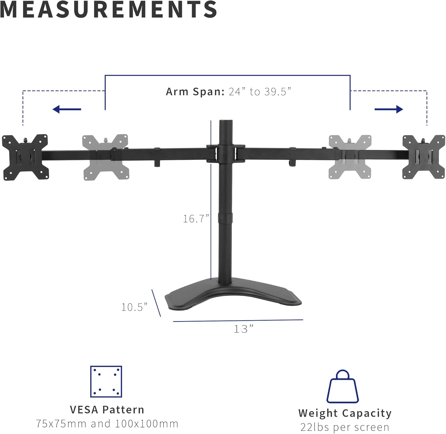 VIVO Premium Dual Ultra Wide LCD LED 27 to 38 inch Monitor Desk Stand, Heavy Duty, Free-Standing Telescoping Arms, Flush Wall Setup, Fits 2 Screens, Black, STAND-TS38B