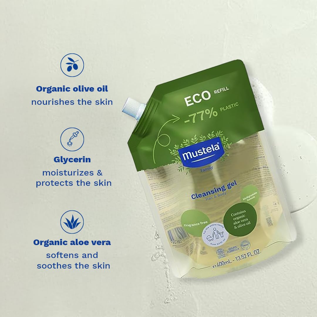 Mustela Eco Recarga Gel Limpiador Bio Vegano, Aceite de Oliva, Aloe Vera y Glicerina, Cuerpo y Cabello, Bebé, Toda la Familia - Limpieza Suave, 99% Ingredientes de Origen Natural (400ml)