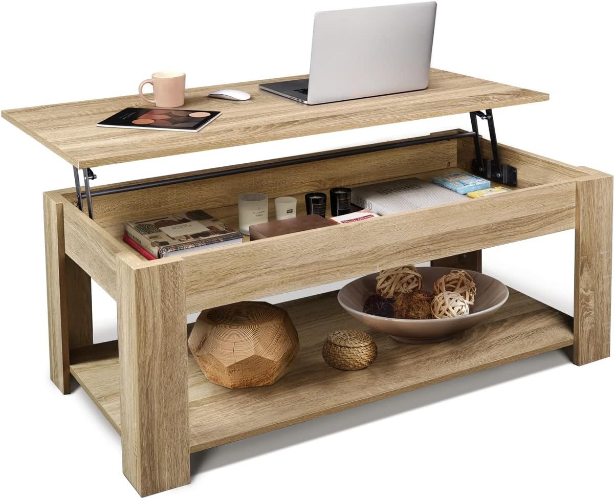 CAPHAUS 47' Natural Oak Lift Top Coffee Table with Storage, 110 lbs Capacity, 11 lbs Lifted