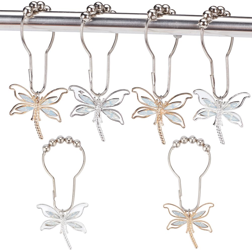 GOMAKERER 12 Pcs Dragonfly Shower Curtain Hooks?2 Colors Iron Shower Curtain Rings with Alloy Dragonfly Pendants Decorative Hooks for Bathroom Shower Curtain Rod