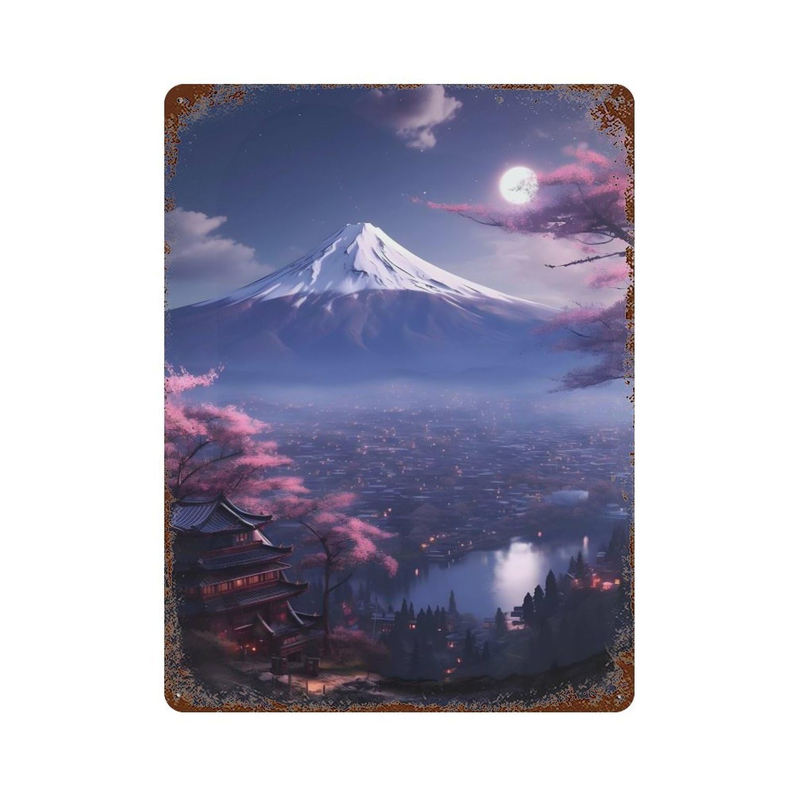 Rust Effect Tin Sign Mount Fuji Moonlight Vale 15.7"x11.8", Vintage Wall Decor for Living Room, Hallway And Home Decor