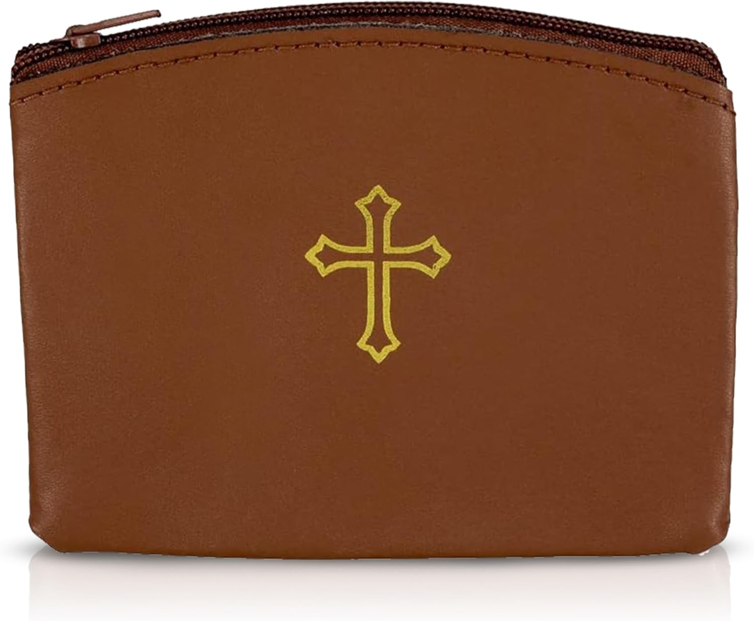 Brown Genuine Leather Rosary Pouch with Cross Imprint and Padre Pio Quote - Image 2
