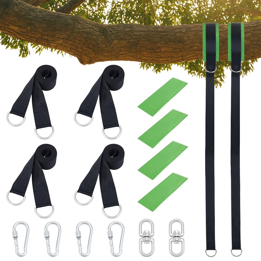 INTERWARM 2 Sets Tree Swing Hanging Kit, 10ft Extra Long Straps with 2pc Lock Snap Carabiner Hooks and 1100 Lb Breaking Strength Heavy Duty Hammock Tree Hanging Strap for All Types of Swings