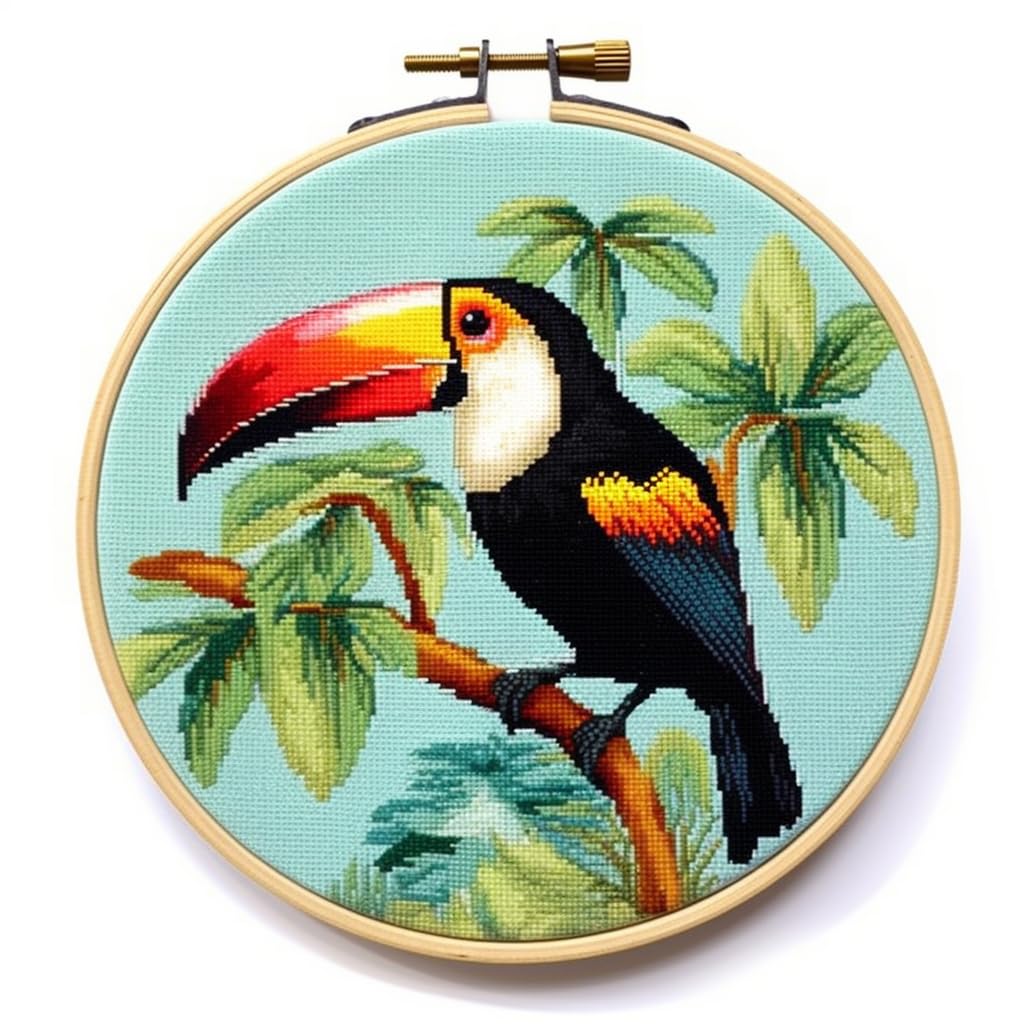 Toucan Stamped Cross Stitch Kits for Beginners Easy with Hoop 11CT Needlepoint Embroidery DIY Counted Cross Stitch Kits Art Craft Wall Decor 40x40cm(1)