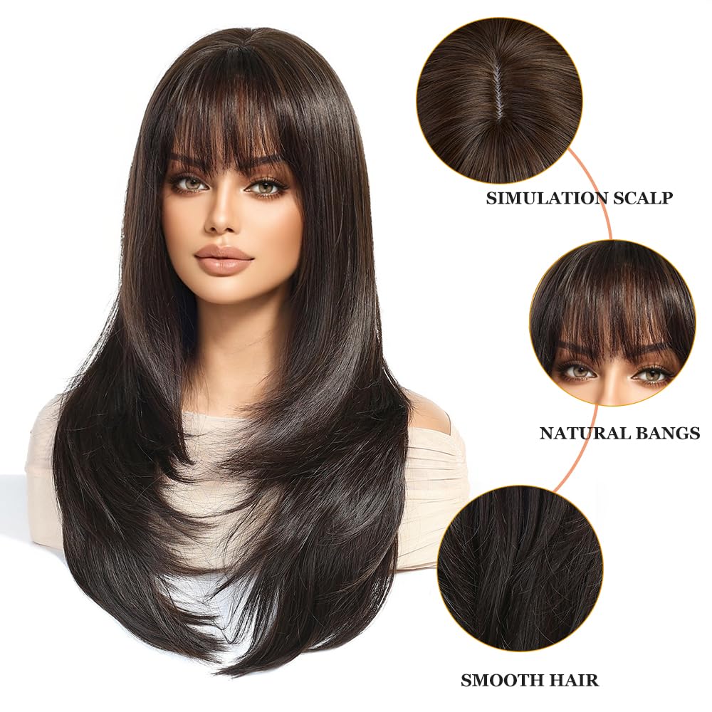 Esmee Long Straight Dark Brown Wigs for Women with Fringe Natural Synthetic Hair Wig for Daily & Party Use - Image 3