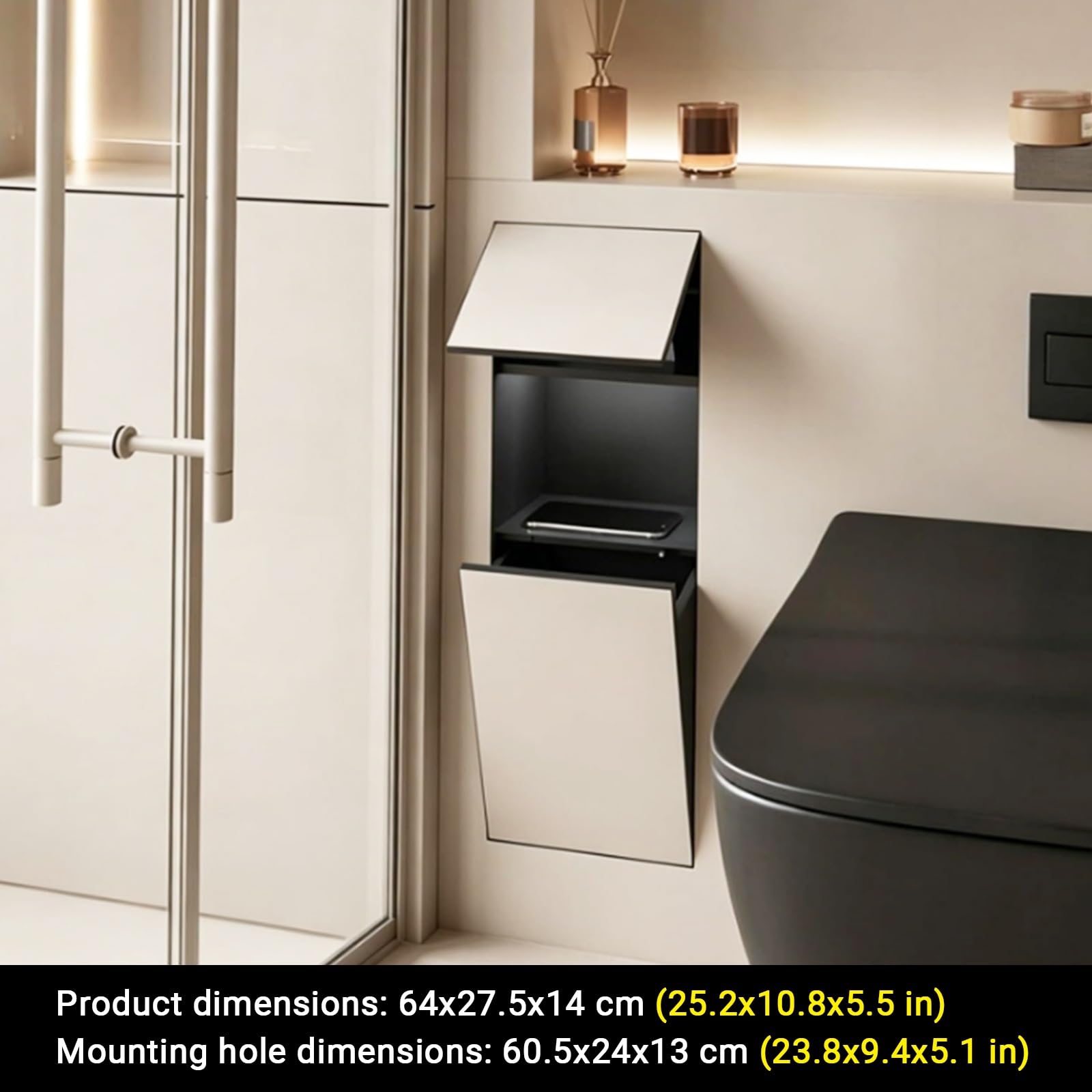 Nicchia for WC nascosta in acciaio inossidabile 304 piastrellabile | Porta carta igienica da incasso,combinazione fazzoletti e rifiuti 2 in 1 impermeabile,nicchia for rotoli(64*27.5*14cm)