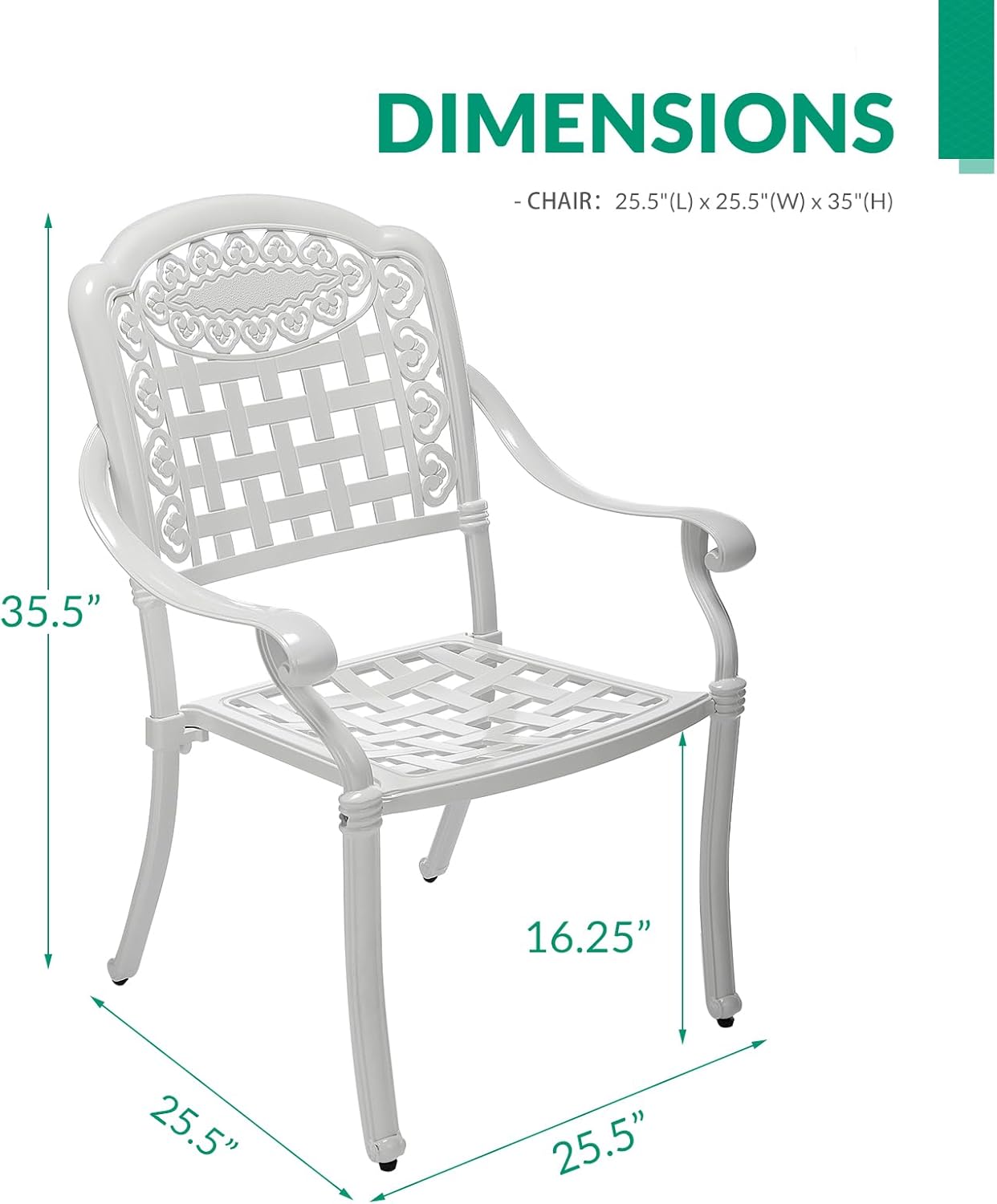 VIVIJASON 2-Piece Outdoor Cast Aluminum Chairs, Patio Armrest Dining Chairs for Garden, Poolside, Backyard, White
