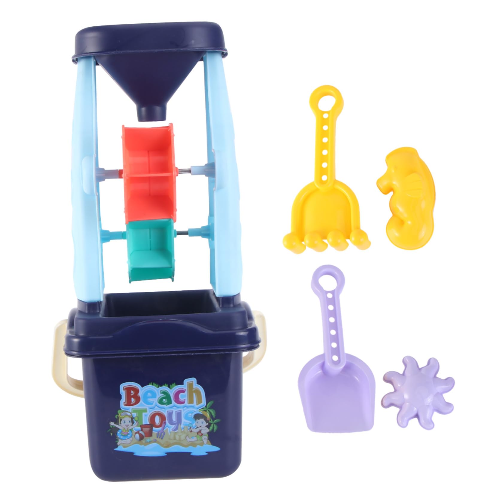 KICHOUSE 5Pcs Parent Interactive Beach Sand with Trolley Hourglass Shovel Rake and Bucket Mixed for Beach