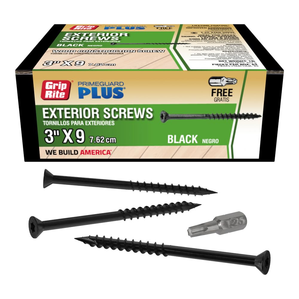 Grip-Rite PrimeGuard Plus Premium Deck Screws for Outdoor Projects - Bugle Head - T-25 Star Drive - Coarse Thread Wood Screws - 9 x 3-1 Lb Box - Black