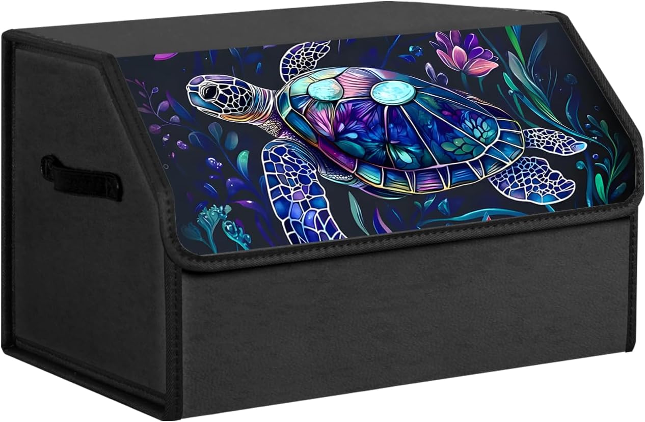 Collapsible Car Trunk Organizer with Lid, Native American USA Flag Feather Printed Faux Leather Cargo Storage Box, Waterproof Portable Auto Interior Storage Bin with Handle for SUV Truck Vehicle