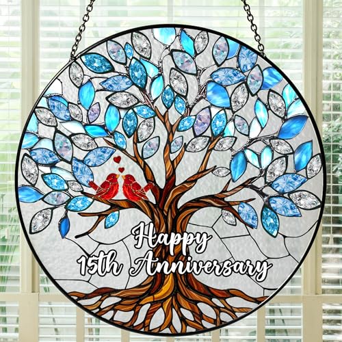 Bozspacer 15th Wedding Anniversary Stained Glass Suncatcher 6x6 Anniversary Decorations 15th Celebration Marriage Gifts for Parents Couple Wife & Husband 15 Wedding Milestone Keepsake