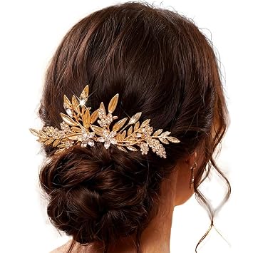 JEAIRTS Gold Leaf Bridal Hair Comb Rhinestone Wedding Hair Accessories for Brides