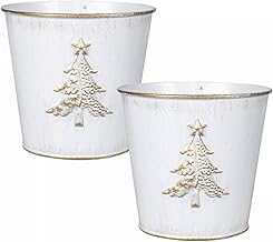 Metal Christmas Tree Embossed Plant Pot 20cm, 8inch Tin Pail Planter 3 Liters Gold White Decor Xmas Festive Gift (2)