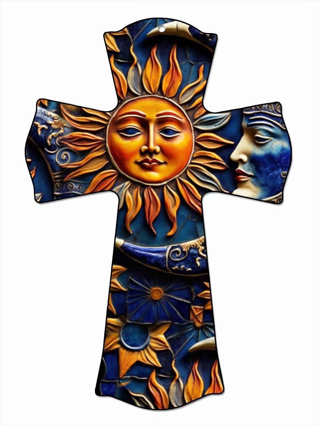 CALUOHO Farmhouse Decor Crucifix Wall Cross Sun Print Wooden Cross Craft Home Kitchen Bedroom Kid Room Wall Decor Christian Catholic Easter Decor Gift