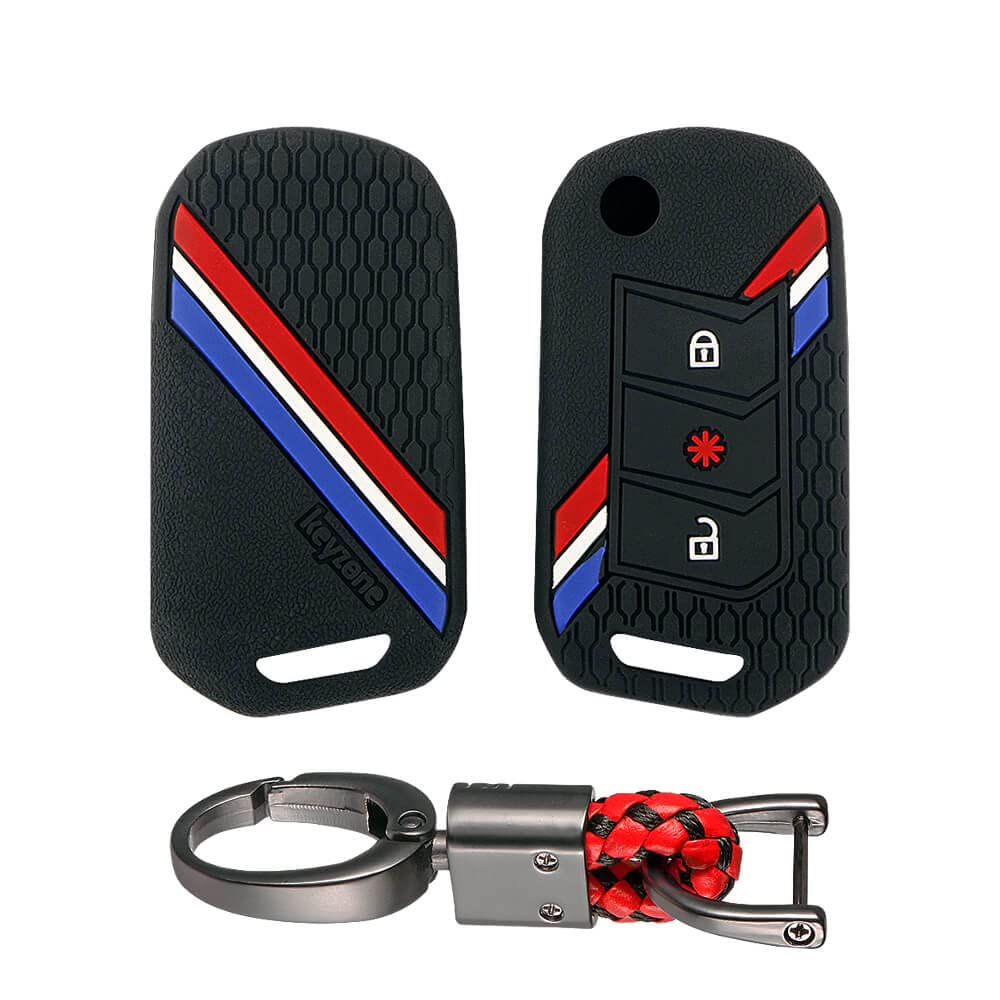 Keyzone® Striped Key Cover and Keyring Compatible for Marazzo, Scorpio-N, TUV 300 Plus, XUV 300, XUV700, XUV400, Bolero 2020, Scorpio, Thar Flip Key (Black with Red/Black Alloy Keyring)