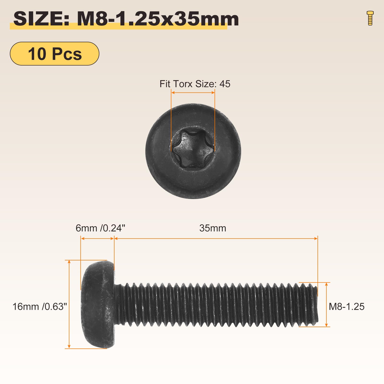 METALLIXITY Pan Head Torx Security Screws Bolts (M8-1.25x35mm) 10Pcs, Button Torx Head Machine Screws Carbon steel - Image 2