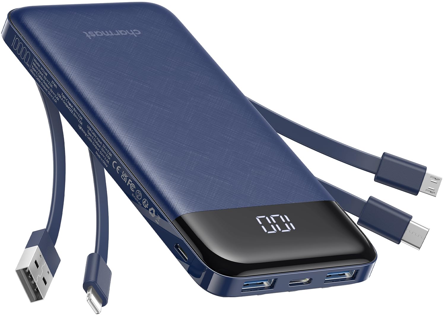 Charmast Power Bank with Built in Cables X 4, 10000mAh USB C Battery pack 6 Outputs 3 Inputs with LED Display Type C Powerbank Portable Charger Compatible with Smartphones Tablets and More — view 14