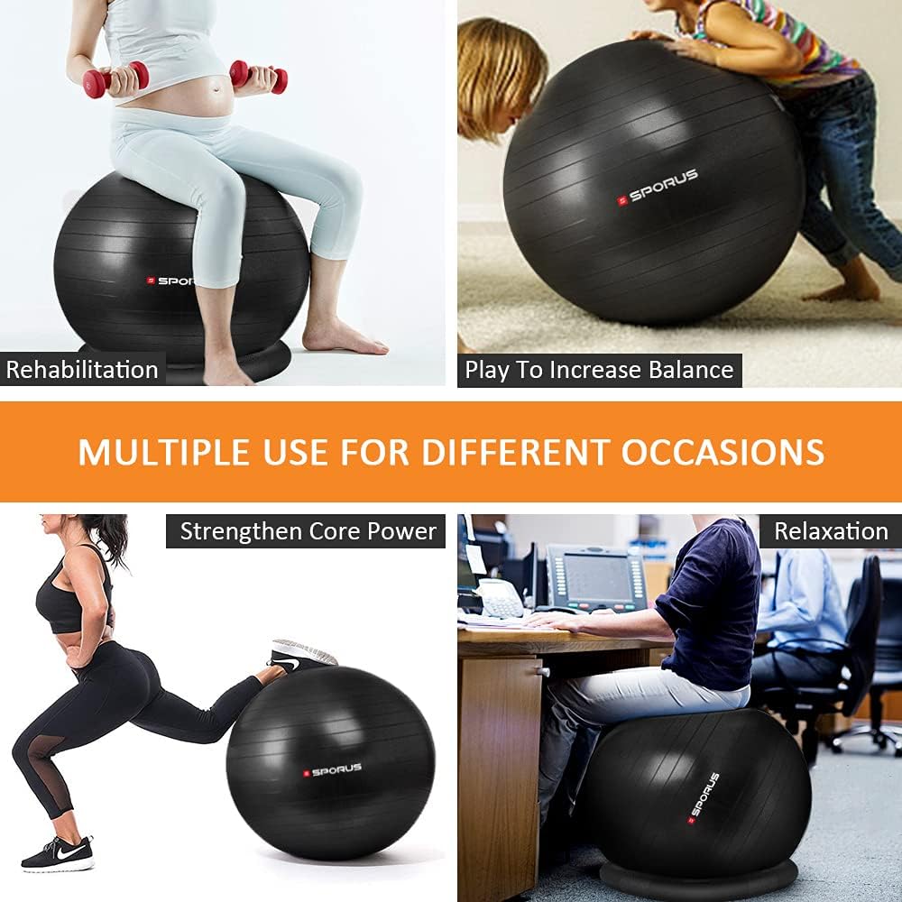 Sporus Exercise Ball Chair 65/75 cm, Yoga Ball for Office, Fitness, Pregnancy with Stability Ball Base & Workout Poster, Improve Balance, Training Strength for Gym, Home [Resistance Bands Included] : Sports & Outdoors