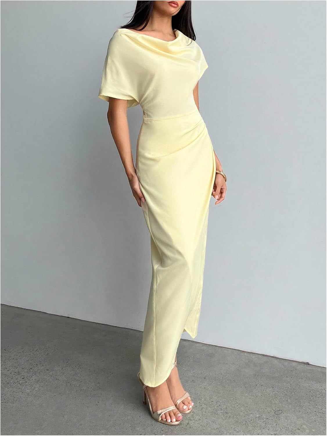 OYOANGLE Women's Elegant Ruched Wrap Bodycon Slit Dress Draped Wedding Guest Cocktail Party Maxi Dresses - Image 4