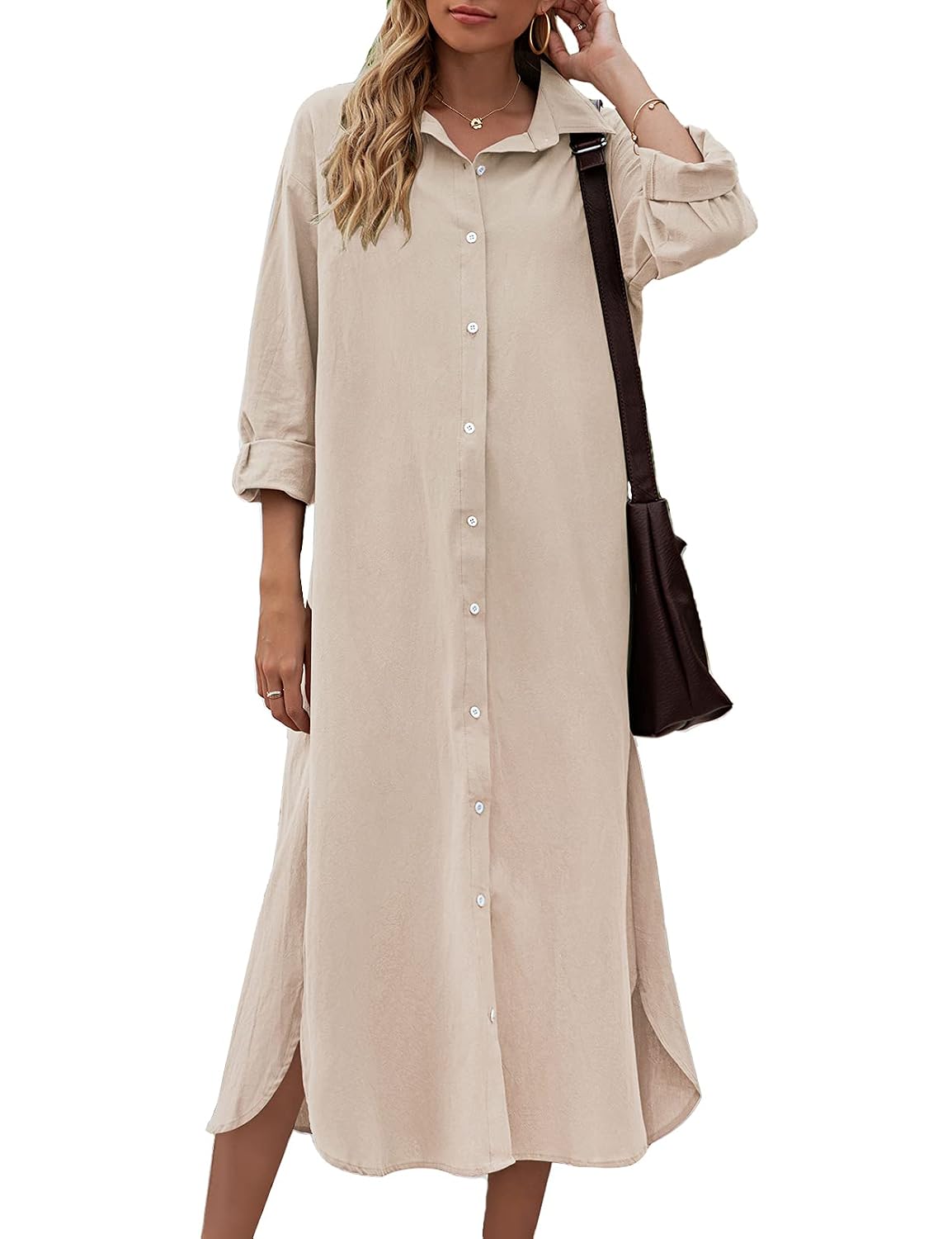 Buy Sopliagon Women Cotton and Linen Shirt Dress Casual Loose Maxi Dresses,  Apricot, X-Large at Amazon.in