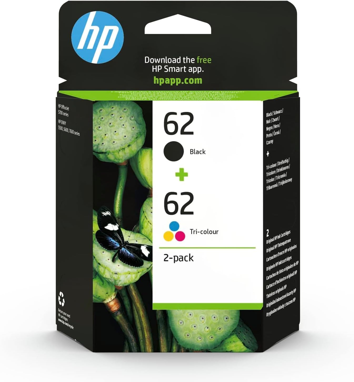 HP 62, Pack de 2 cartouches d'Encre Originales, N9J71AE, Noir, Jaune, Cyan, Magenta, Compatible avec les imprimantes Envy 5500/​5600 / 7600, OfficeJet 200 / 250 / 5700
