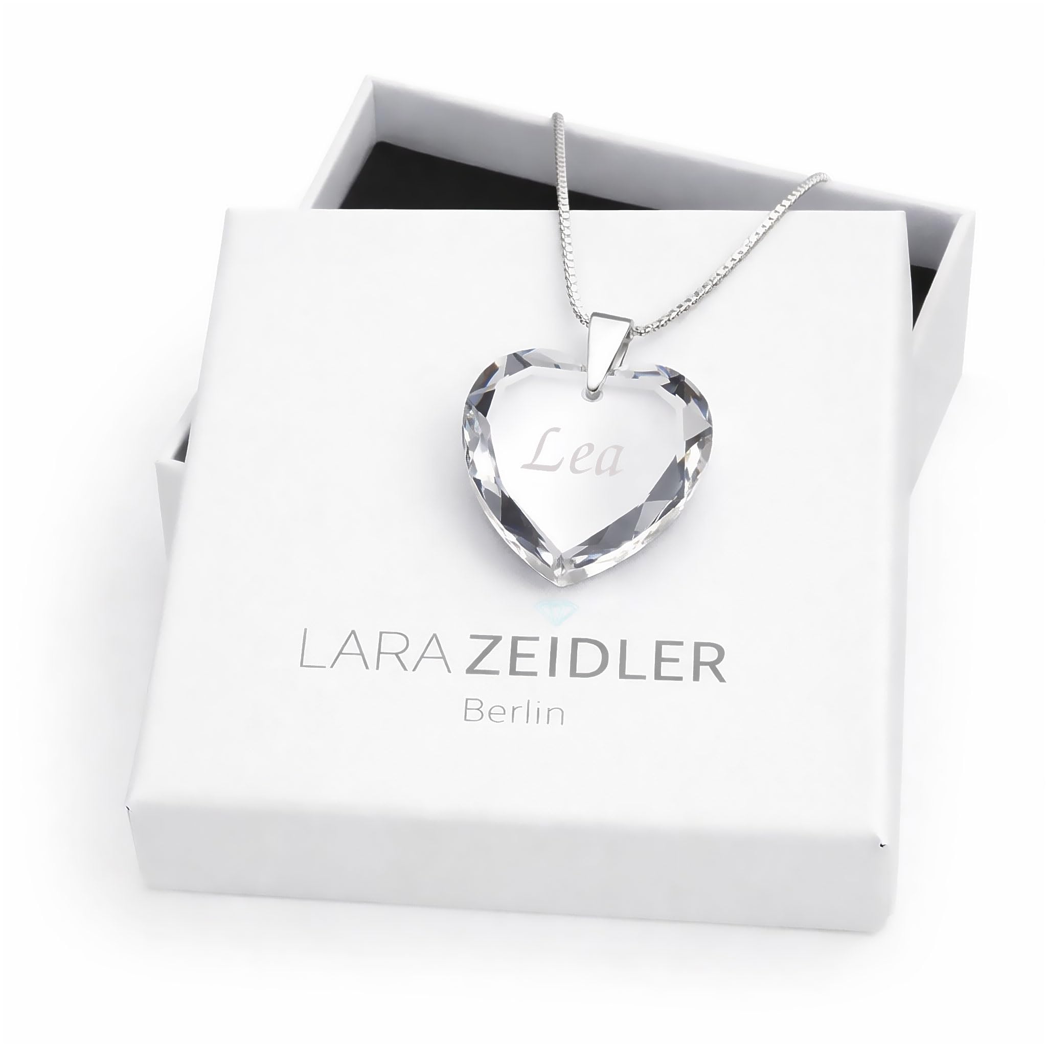 Individuelle Damen Halskette 925 Sterling Silber erstellt mit Swarovski Elements Herz Anhänger und individueller Namensgravur