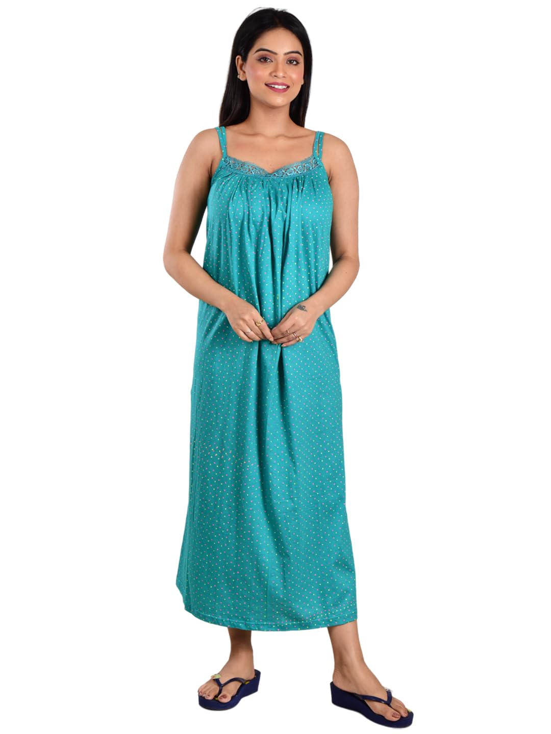 Piyali's Creation Hoisery Cotton Blue Polka Dot Nighty-image-6