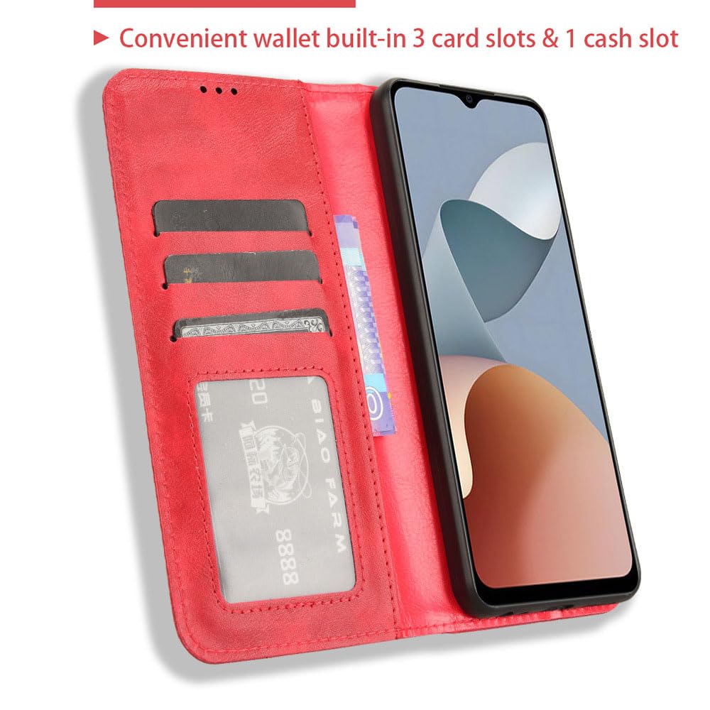 COMAKU Compatible with ZTE Blade A34 Case Leather - Flip Cover Protection magnetic Phone Case wallet with Card Holder - Red - Image 4